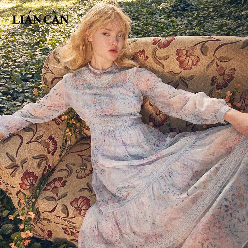 【莲灿】2025商场同款浪漫绣花蕾丝花边雪纺长袖连衣裙7122124006