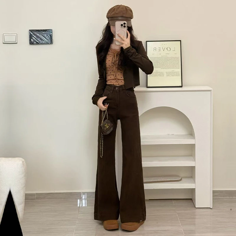 喜绚不贴腿喇叭牛仔裤女秋冬季新款高腰弹力宽松百搭小个子拖地裤