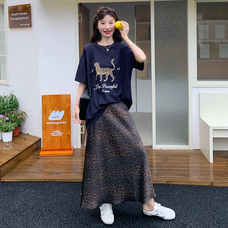 韩版时尚短袖T恤豹纹半身裙套装女2025夏新款洋气炸街休闲两件套