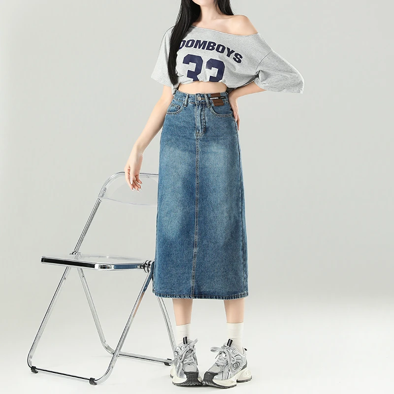 清仓福利后开叉牛仔半身裙女春季时尚高腰显瘦百搭a字裙子中长款