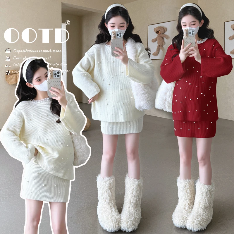 秋季孕妇装时髦洋气秋冬新款钉珠长袖上衣半身裙两件套孕妇辣妈