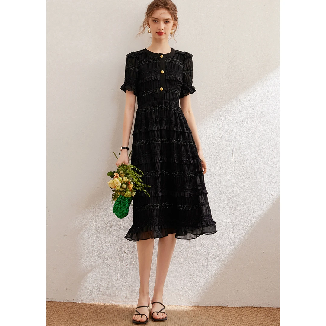 白鹿语夏季气质时尚肌理细闪花边圆领长款套头短袖连衣裙ZYU20125