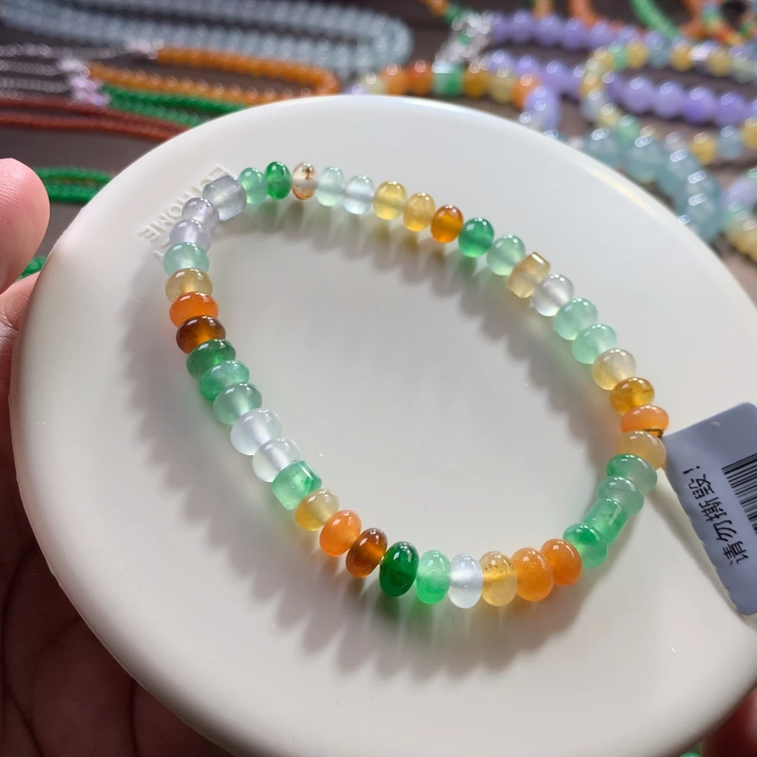 未镶嵌手链翡翠高冰玻特色浓彩鼓珠手串 卡5.4~6.6