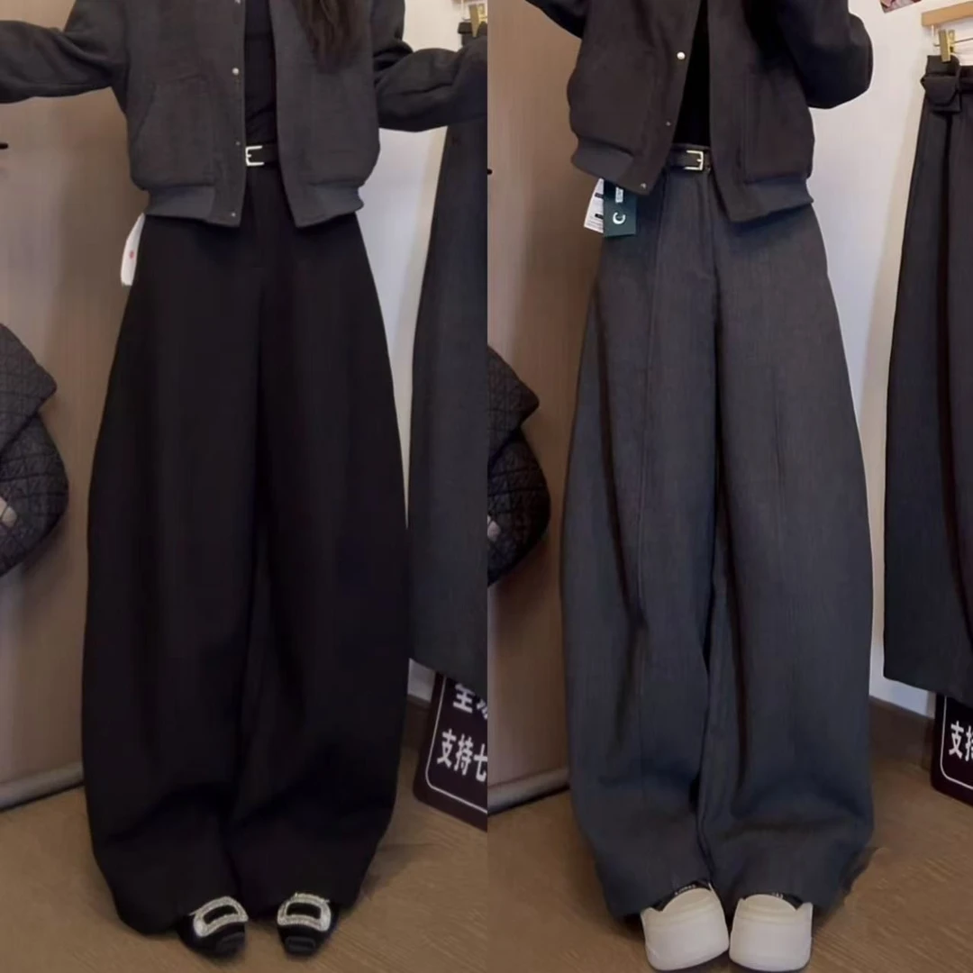 (现货+带腰带)加绒毛呢西装裤女2025冬高腰显瘦阔腿直筒裤弯刀裤