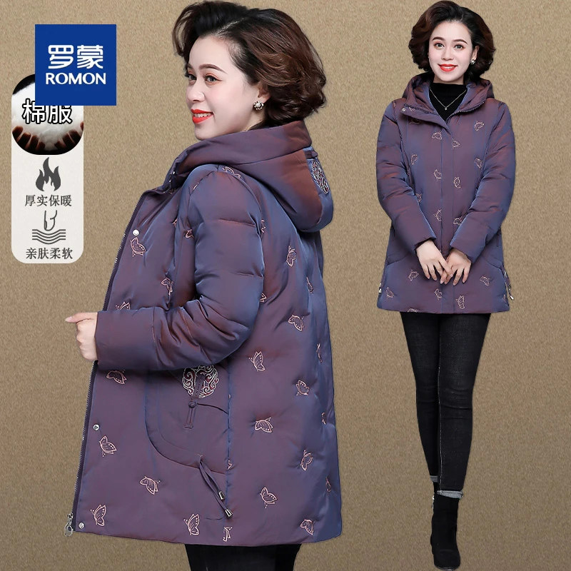 罗蒙新款妈妈棉服加绒加厚洋气中老年女士冬季棉衣老年刺绣外套