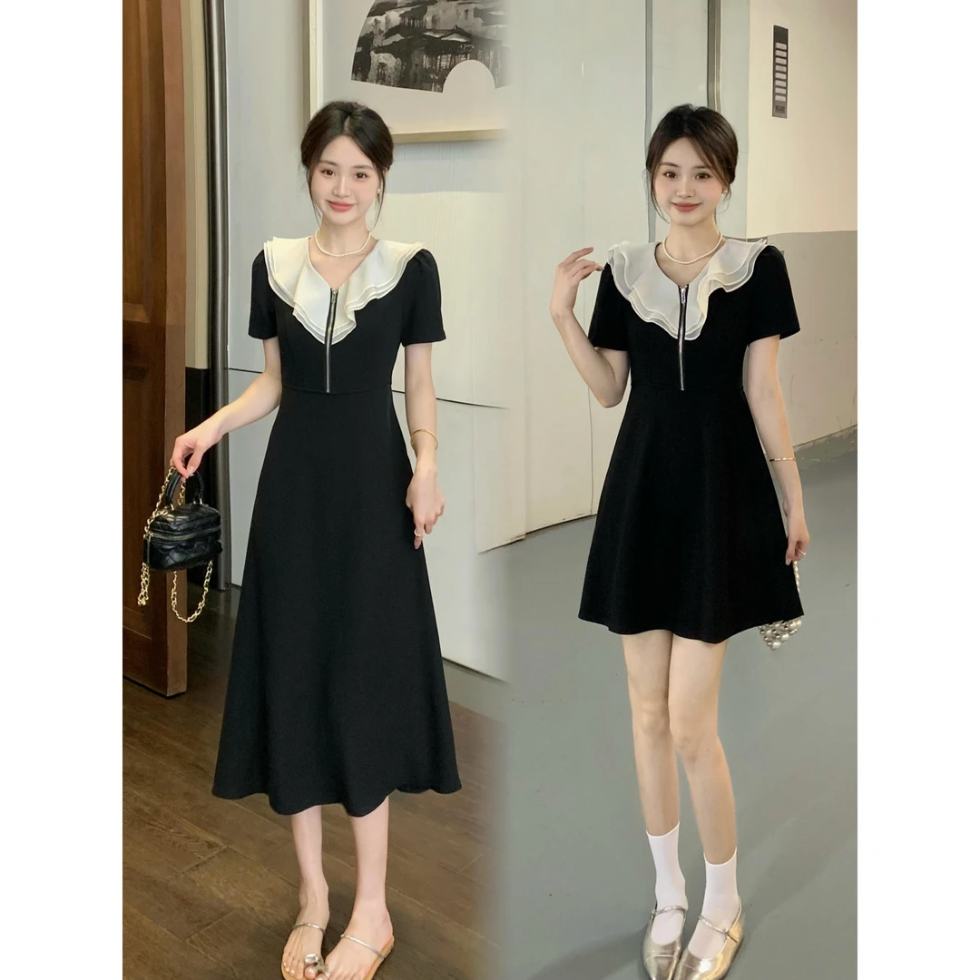 大码初恋系气质法式甜美荷叶领高腰显瘦黑色连衣裙短款夏