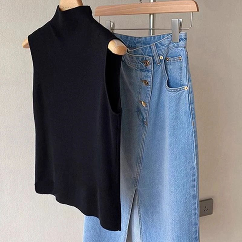 冰丝针织宽松背心吊带女夏季外穿西装内搭无袖半高领上衣打底衫
