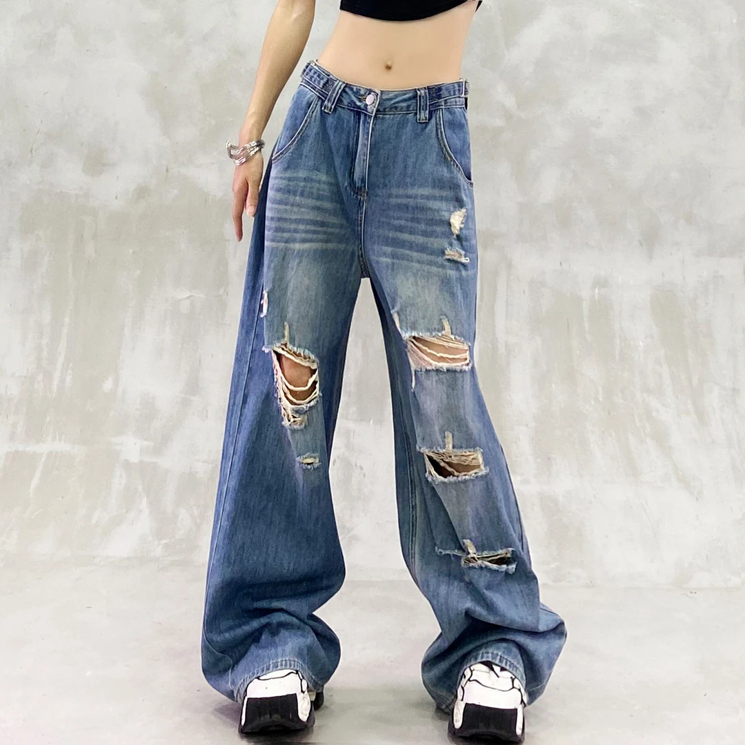 个性破洞设计休闲蓝色牛仔裤女夏新款高腰宽松显瘦百搭直筒阔腿裤