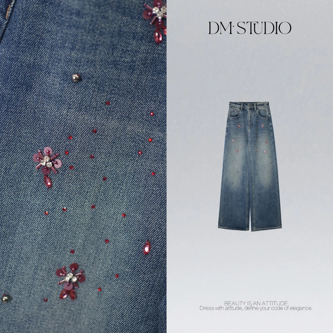 DEDM•STUDIO/复古气质小众钉钻水洗厚款加绒牛仔裤2512KZ/M9571