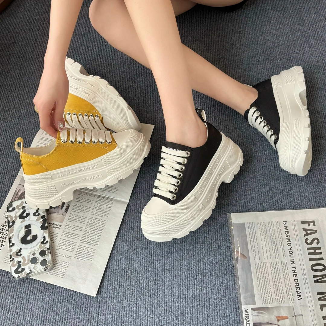 【墨羽叠峦】春季新款厚底增高休闲帆布女鞋日常纯色潮流低帮小白鞋