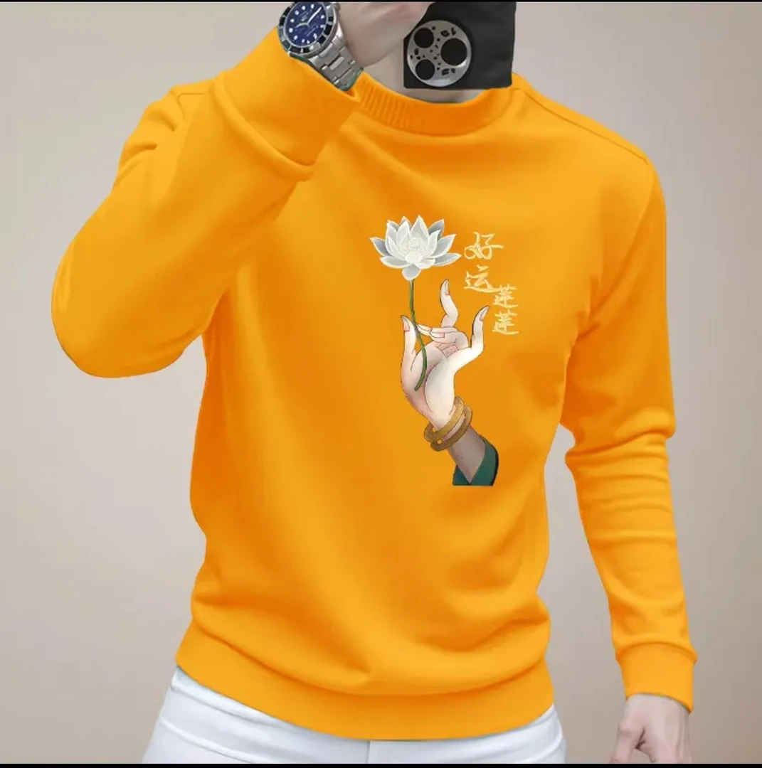 2025秋冬潮流手持莲花时尚图案好运莲莲男女同款圆领卫衣上衣长袖