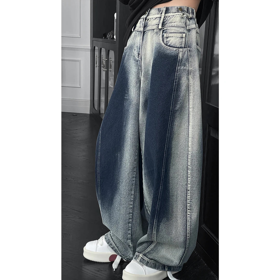 龙叨叨春季新款潮流复古渐变美式百搭宽松弯刀休闲牛仔长裤