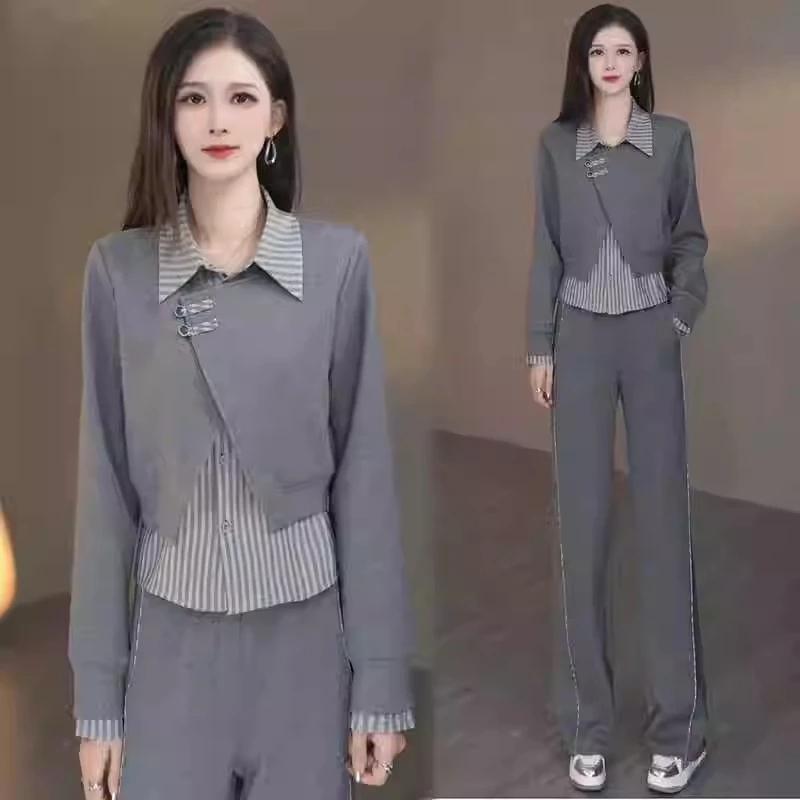 时尚休闲套装女秋季洋气穿搭减龄显瘦假两件盘扣卫衣阔腿裤两件套