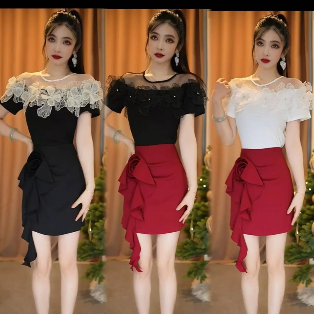 花边领一字肩网纱上衣弹力棉打底衫甜美洋气气质