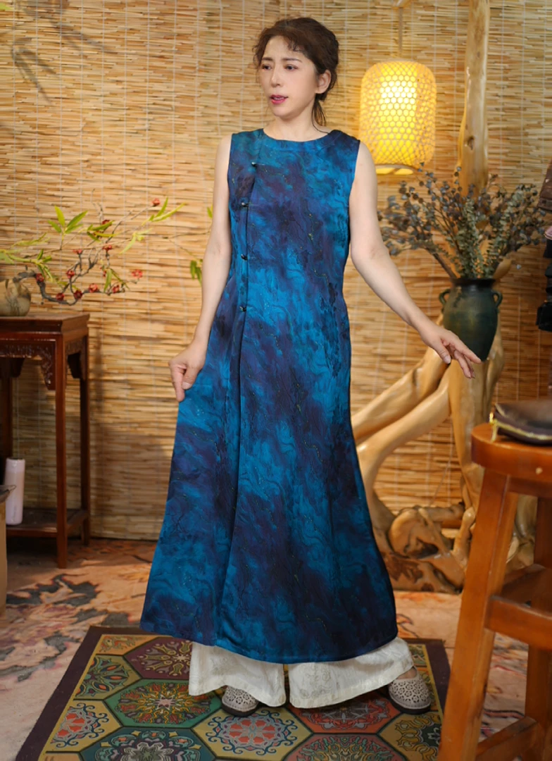【海之蓝裙】无袖复古文艺连衣裙夏季日常民族风圆领238-海之蓝裙