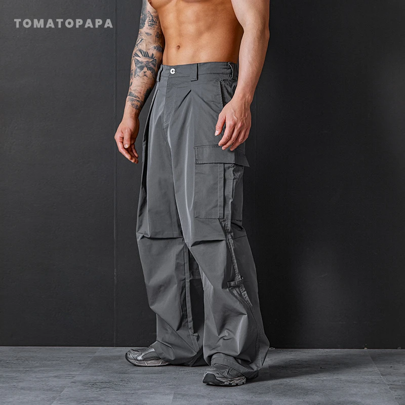 TOMATOPAPA街头复古多褶皱工装裤降落伞兵裤宽松阔腿休闲直筒裤