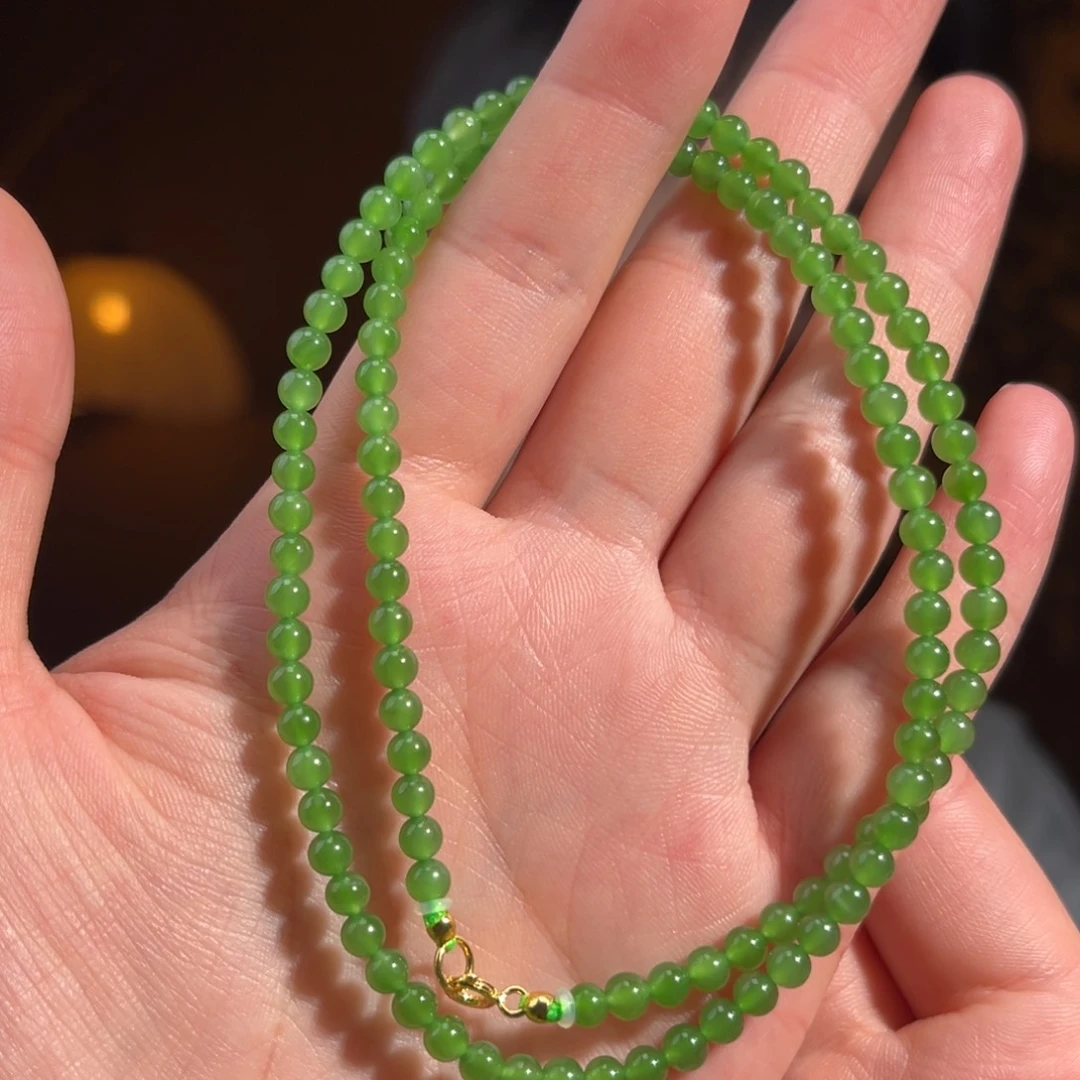 和田玉银S925镶嵌颈饰碧玉辣绿小米链4mm550