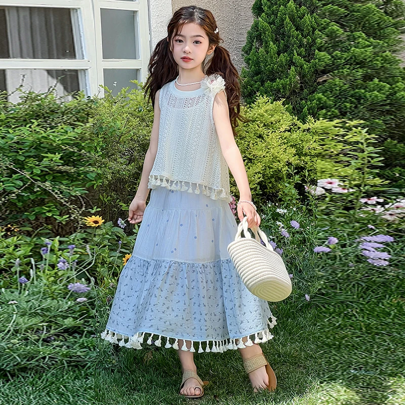 女童夏装2025新款波西米亚套裙女大童民族风镂空吊带连衣裙三件套