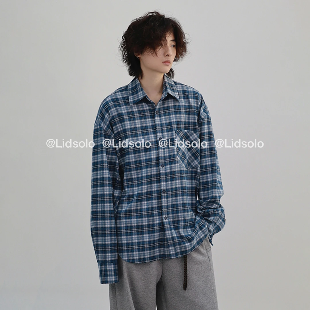 Lid solo 【设计师款】磨毛蓝格重磅衬衫前短后长设计宽松上衣