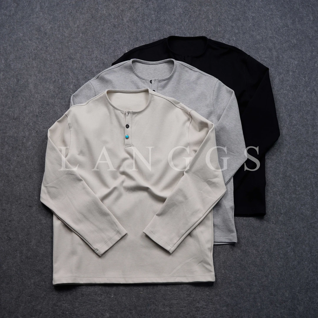 LANGGS&浪叔 春季美式复古亨利领休闲宽松纯色长袖T恤-SS5120