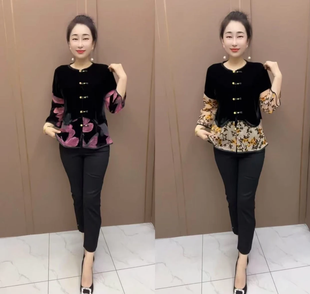 时尚盘扣丝绒拼接宽松中老年美衫