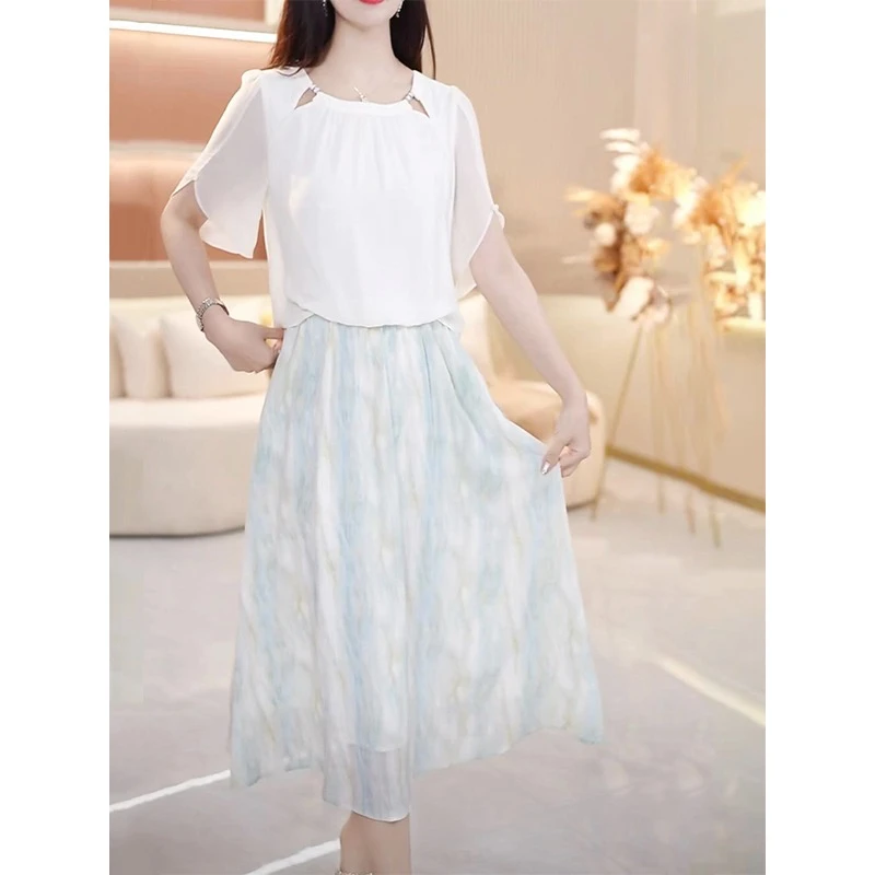 1228#气质假两件拼接中长连衣裙夏季新款圆领裙子