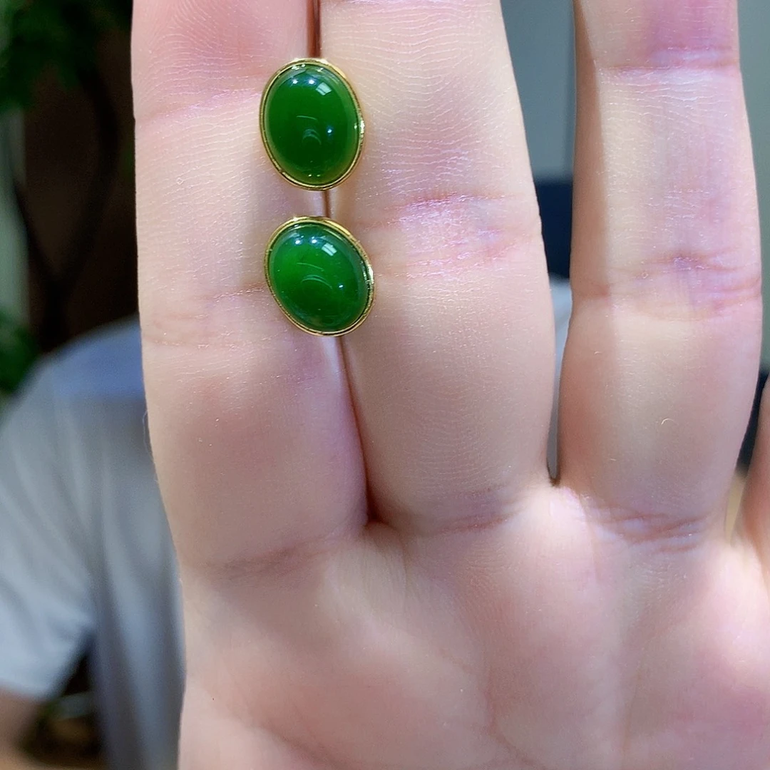 和田玉（碧玉）银S925镀金镶嵌耳饰