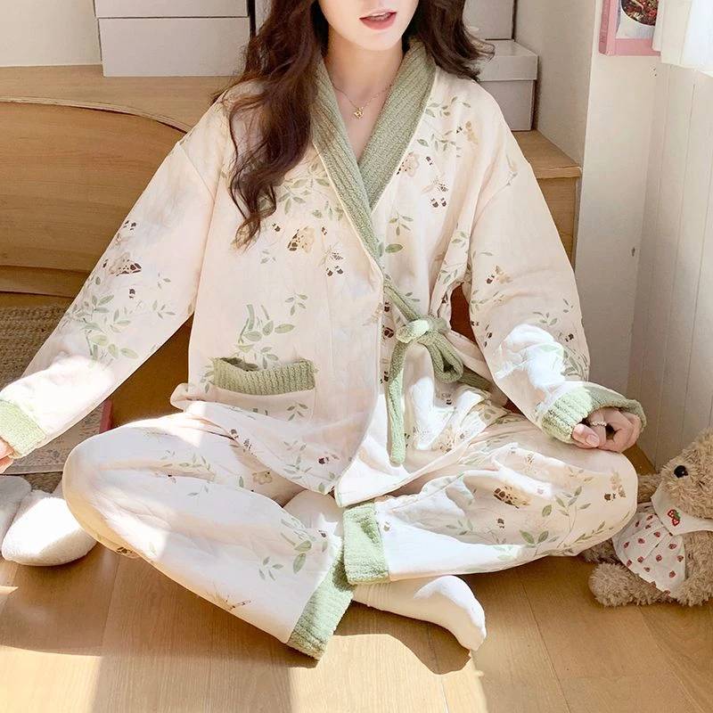 春秋冬季空气棉月子服加厚孕妇睡衣女和服套装产后胖MM大码300斤