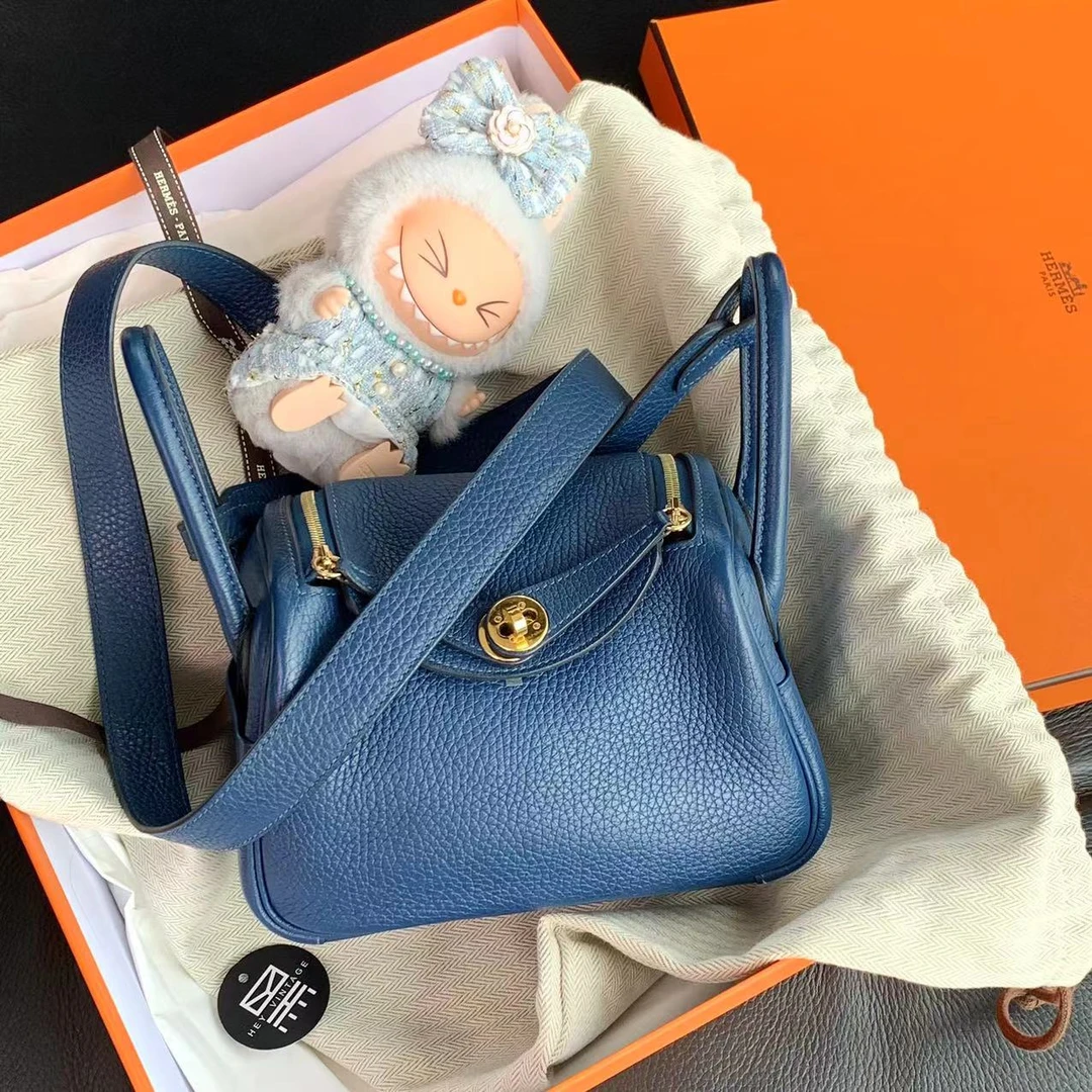 95新 Hermes/爱马仕 普鲁士蓝金扣mini lindy包19 14491357