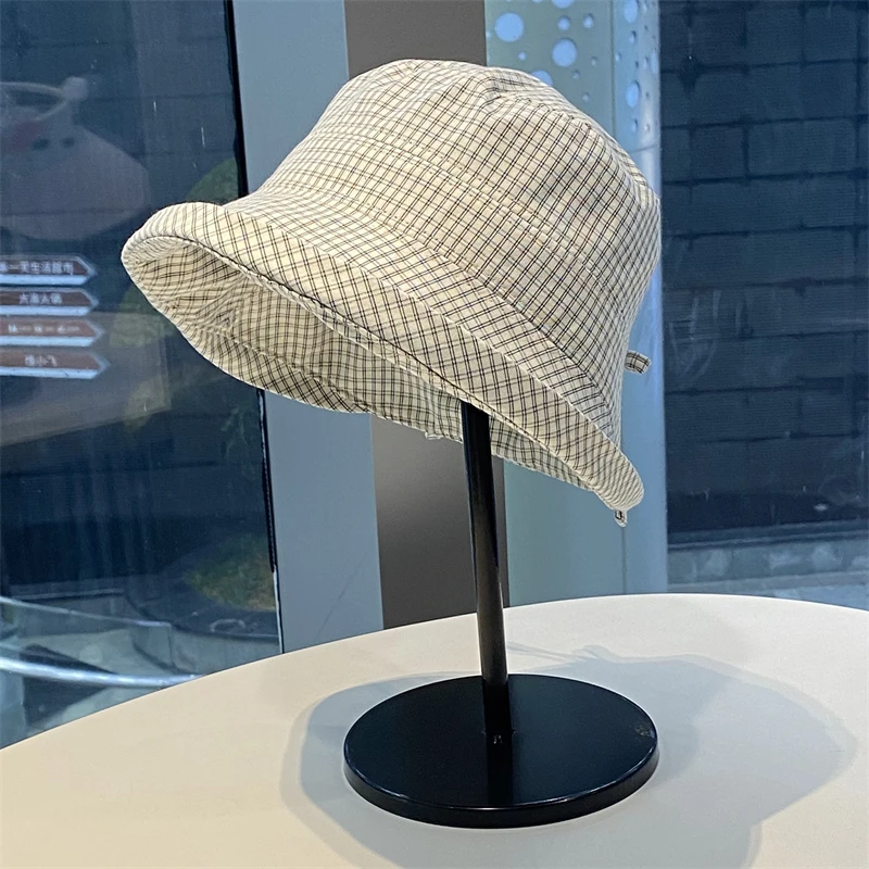 日系格子卷边渔夫帽女夏季新款大檐速干遮阳防晒帽时尚显脸小盆帽