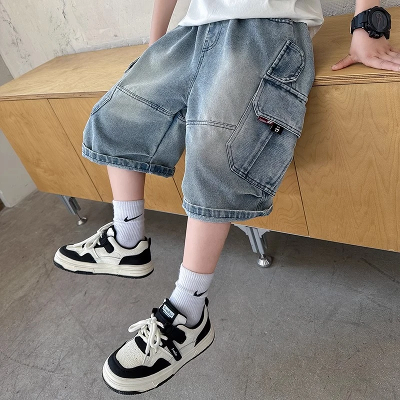 男童夏季潮酷工装牛仔短裤2025新款中大童夏款贴标大口袋韩版潮裤