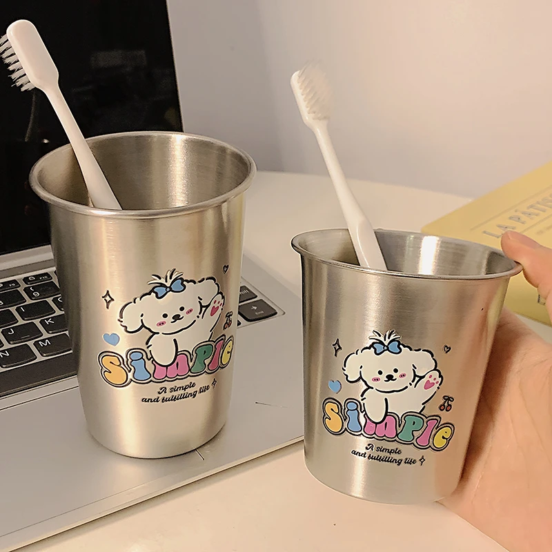卡通可爱微笑小狗家用洗漱杯不锈钢简约高颜值刷牙情侣漱口杯牙刷