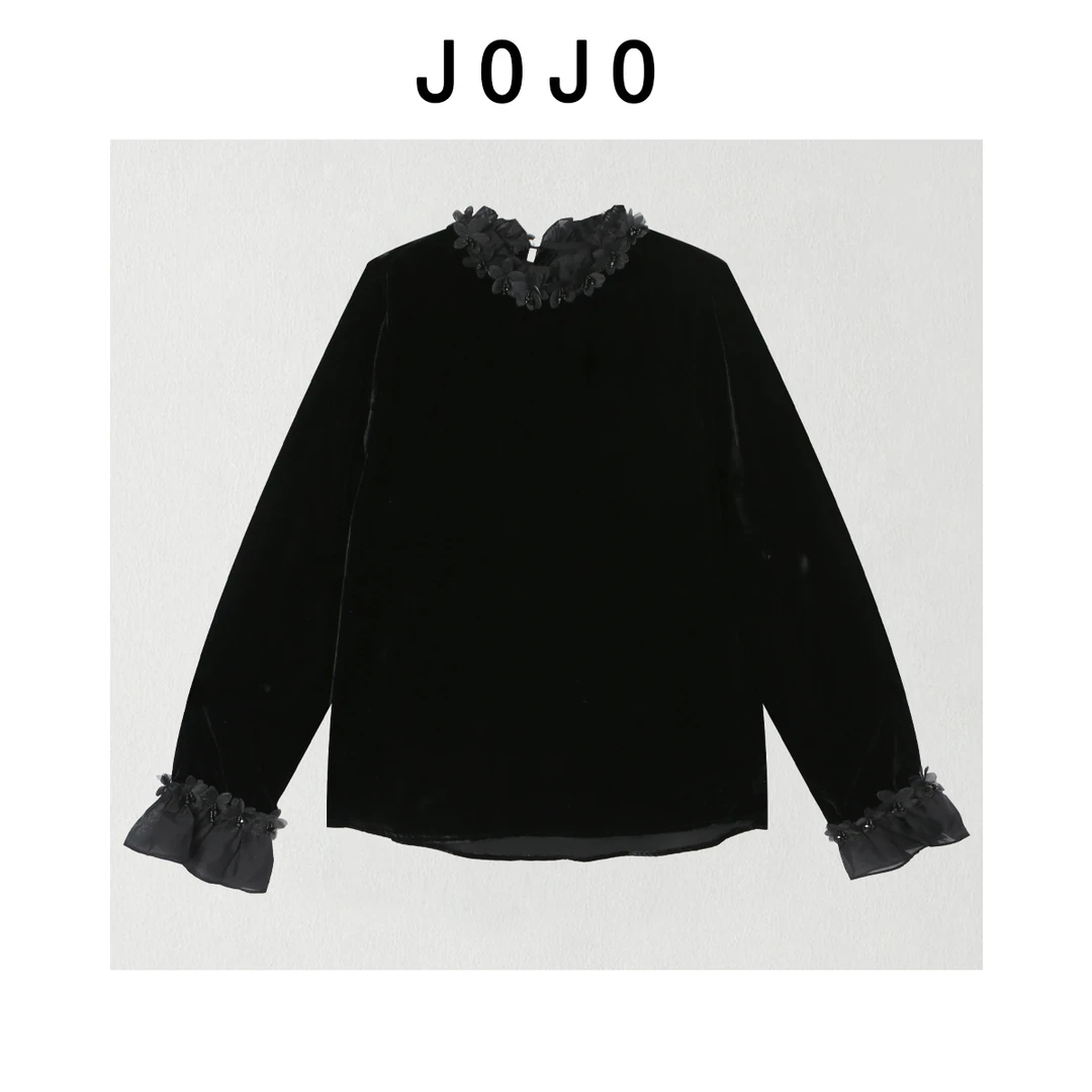 玖了个玖 2025冬款年货定制新中式国风花瓣领口丝绒上衣2512C9329