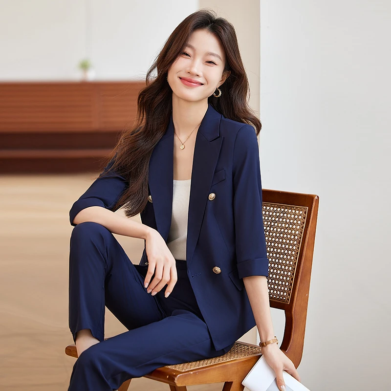 工作服职业女裤套装中袖春秋长裤套装夏季修身秋季正装女神范