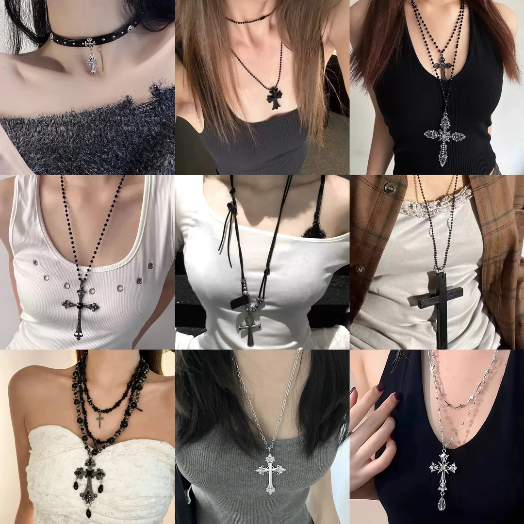 合金项链 潮酷复古暗黑十字架珠串项链小众长款亚文化辣妹毛衣链