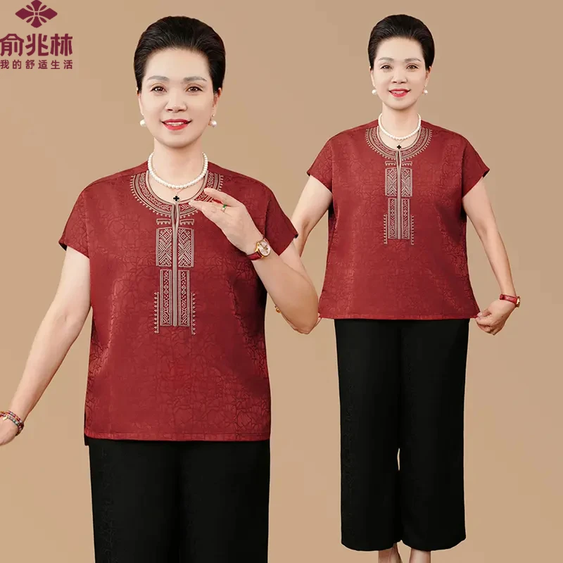 俞兆林夏季新中式时尚无袖印花两件套中老年女装妈妈装加肥加大国