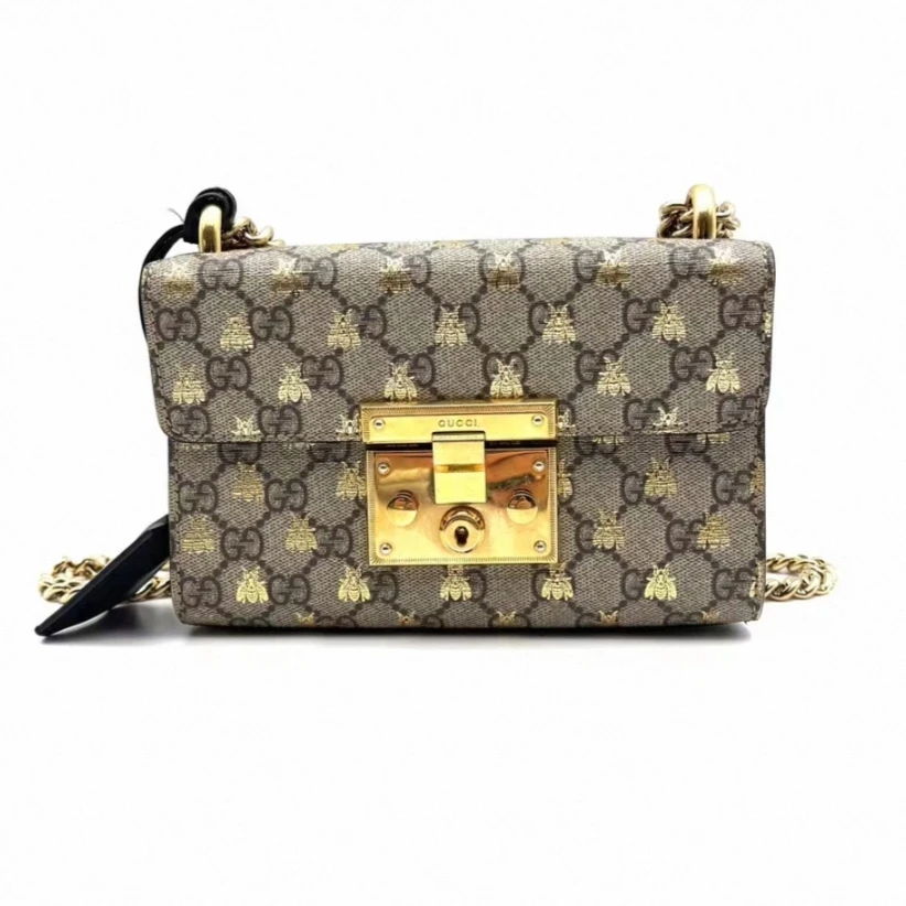 99新 GUCCI/古驰 Padlock月光宝盒蜜蜂印花女士链条包单肩斜挎包