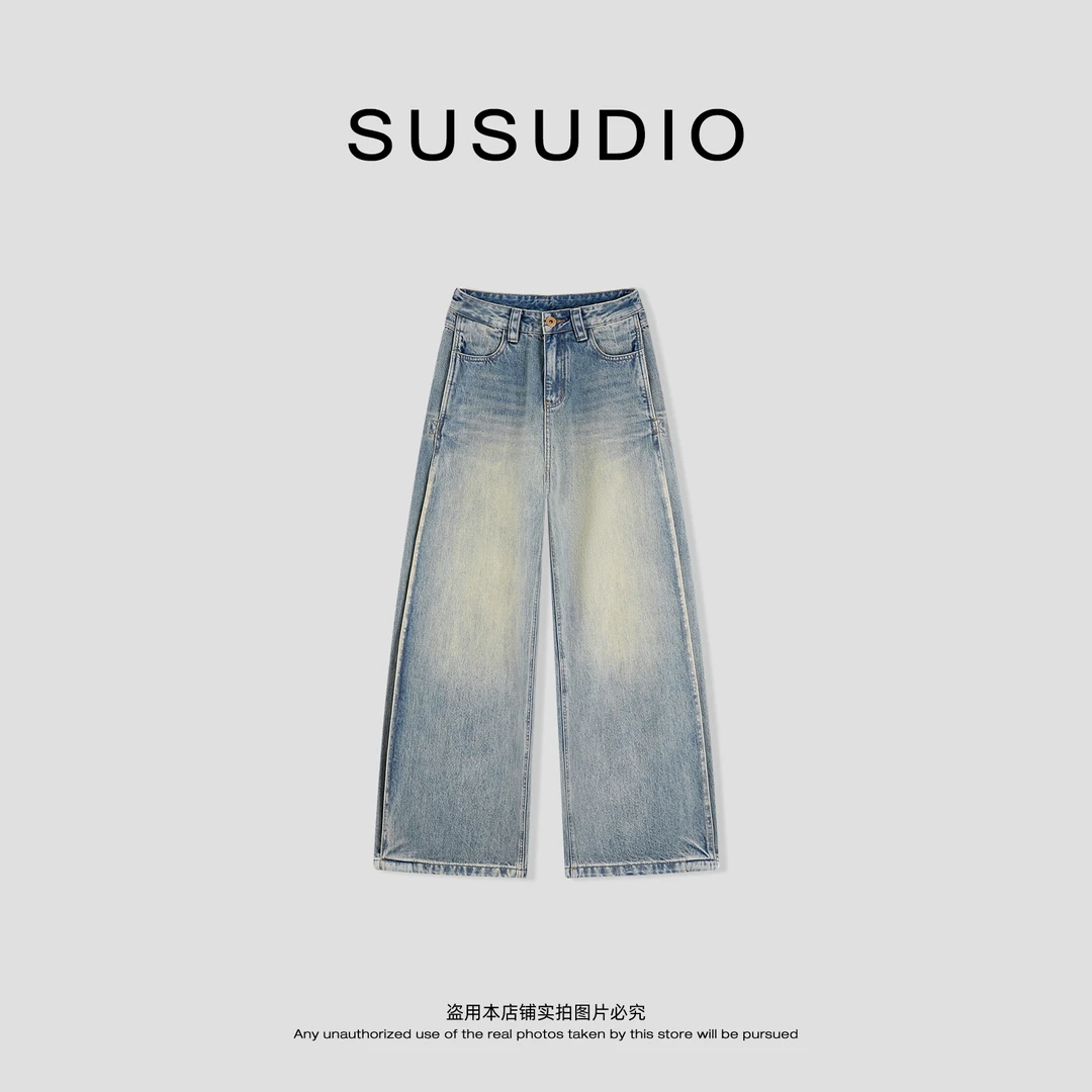 SUSUDIO 100棉 秋款复古时髦休闲水洗蓝色阔腿显瘦牛仔裤 40621