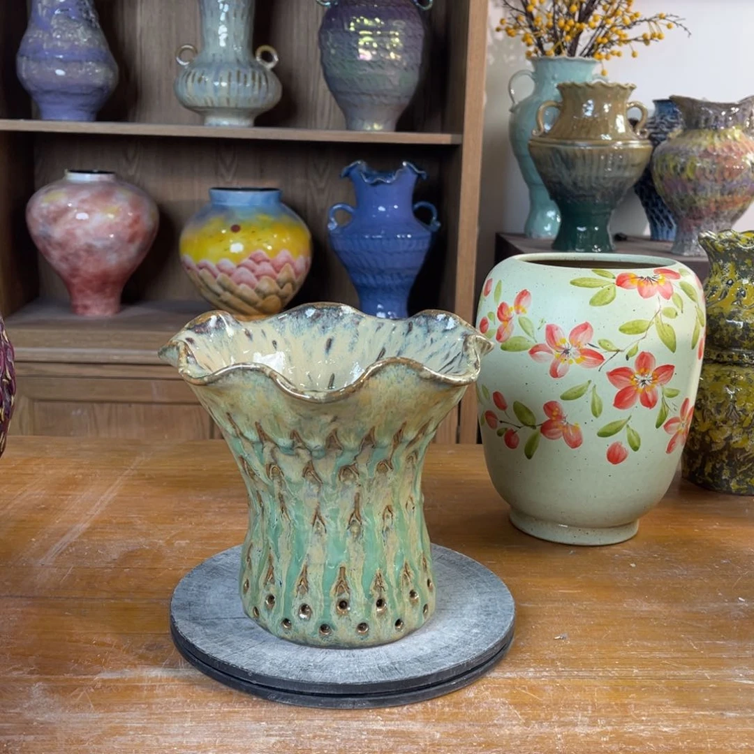 摆件陶瓷花瓶高16.5口径9.5盘泥