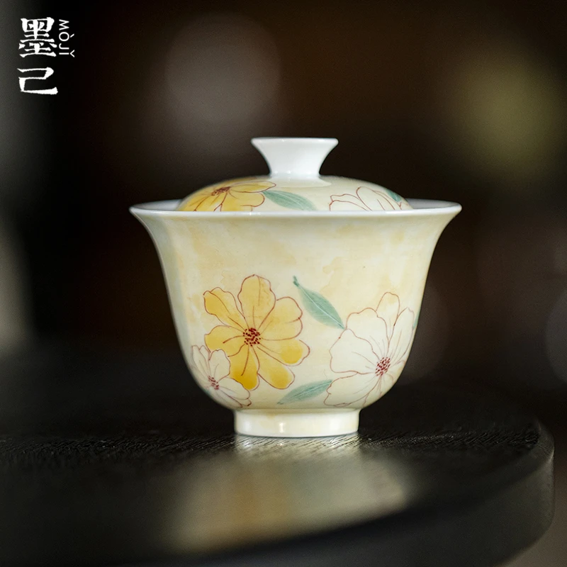 墨己墨染手绘暖黄陶瓷盖碗功夫茶具家用玉泥白瓷仿烫泡茶碗盖碗