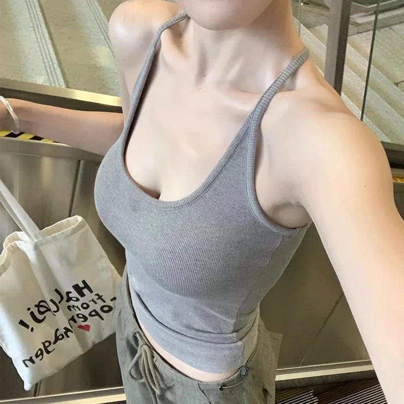 夏季休闲简约运动修身显瘦挂脖吊带背心带胸垫露背设计感小众上衣