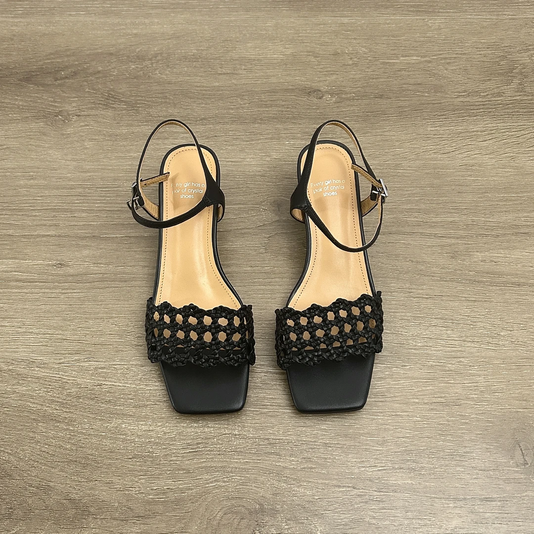 Dannyfrey文艺复古编织镂空一字凉鞋女夏外穿粗跟高跟罗马风凉鞋