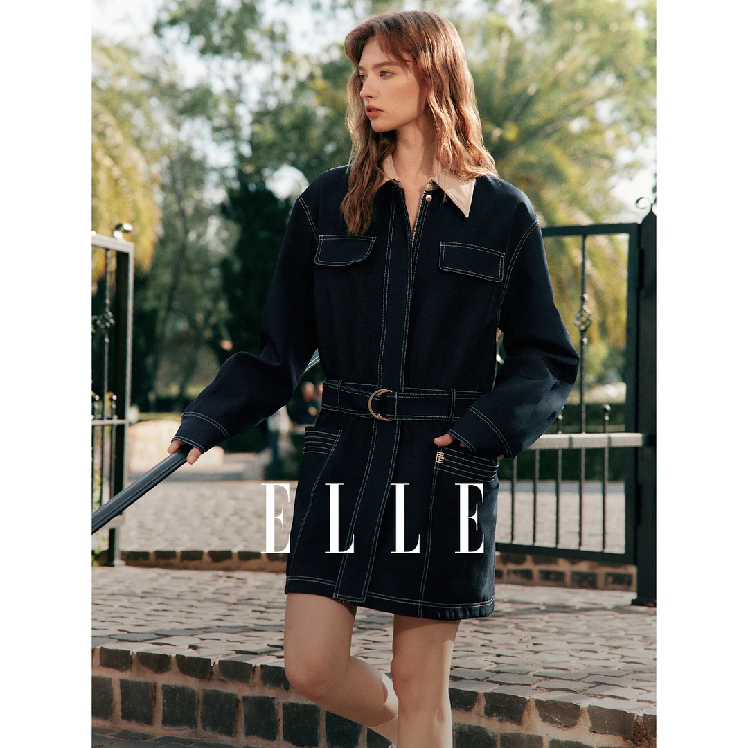 ELLE法式拼色翻领工装风长袖连衣裙女2025春季新款通勤EL50580