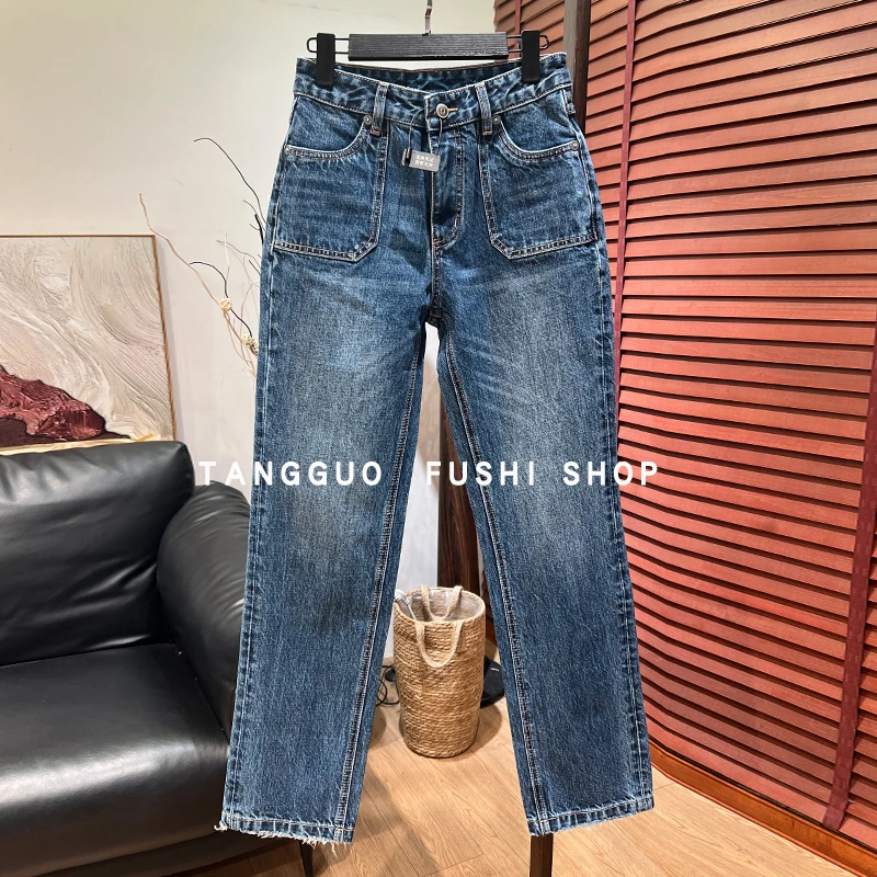 51951无弹『方兜』窄版直筒裤牛仔裤女长裤时尚显瘦水洗打磨