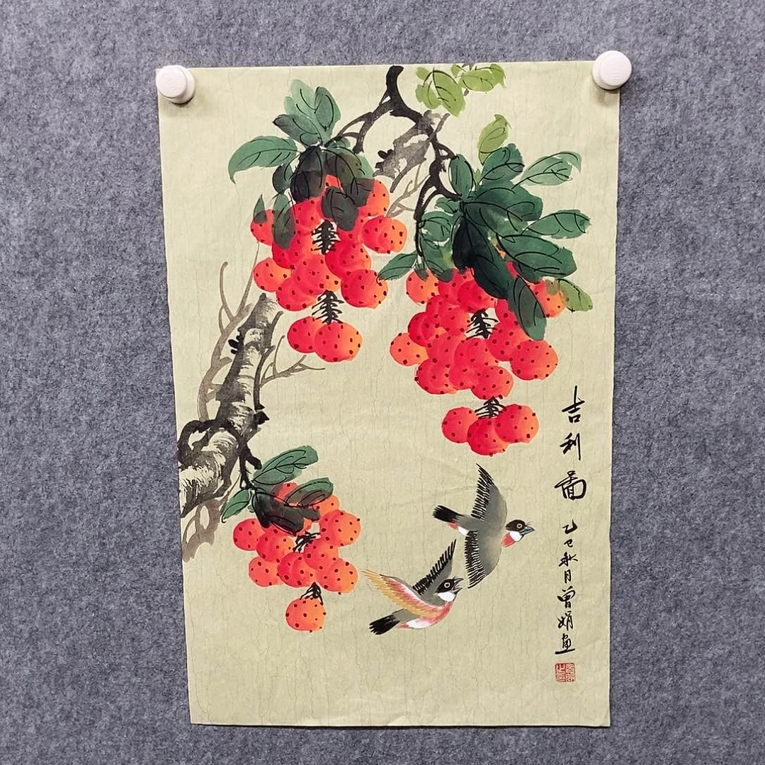 国画四尺三开花鸟一副