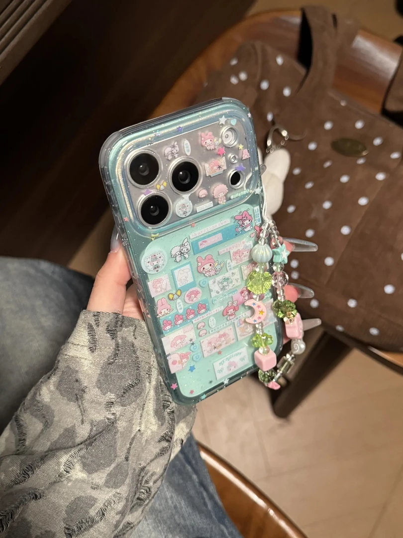 透绿拼贴星星美乐蒂粉嫩适用苹果16pro手机壳iPhone17promax壳15p