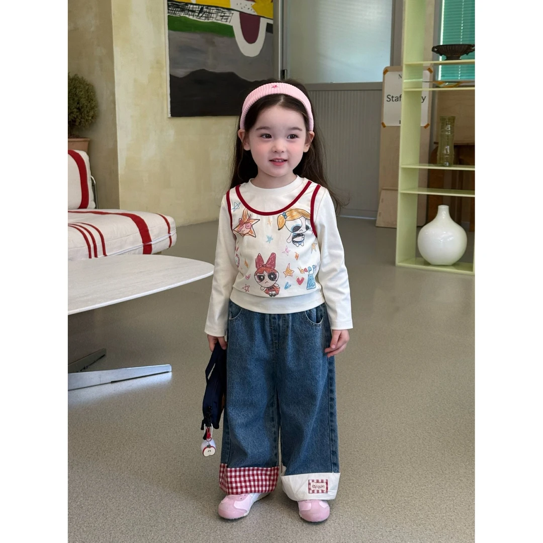 女童2025秋季儿童装飞天小女警假两件长袖T恤+牛仔阔腿裤子套装