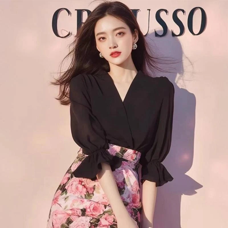 2025年春秋季新款韩版时尚高级感雪纺衫女小个子洋气百搭纯色上衣