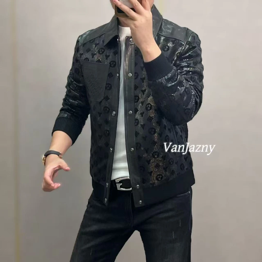 【VanJazny】新款轻奢潮流男士满花翻领拼皮夹克88213