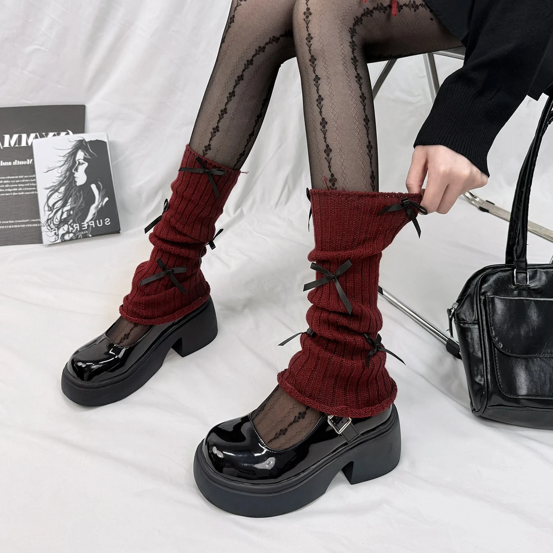 2025新款安哥拉红袜套高品质小腿套暗红色中筒袜子蕾丝花边蝴蝶结
